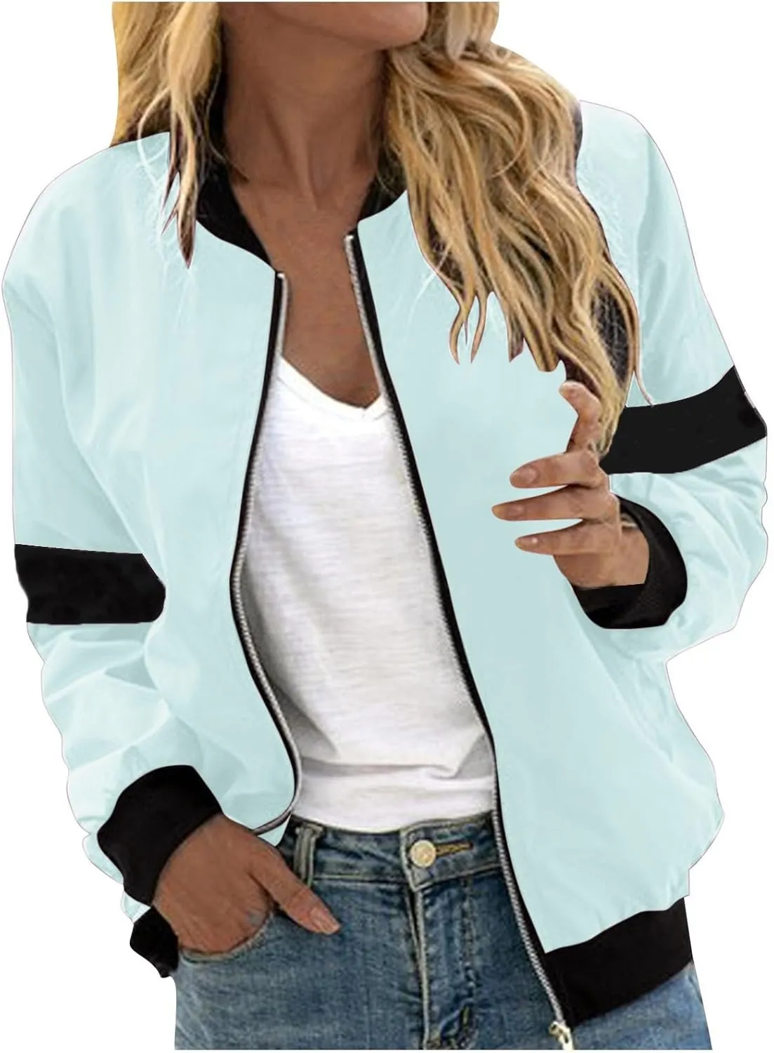 Women's Bomber Jacket Fall Lightweight Coat Color Block Zip Up Outerwear Casual Windbreaker with Pockets