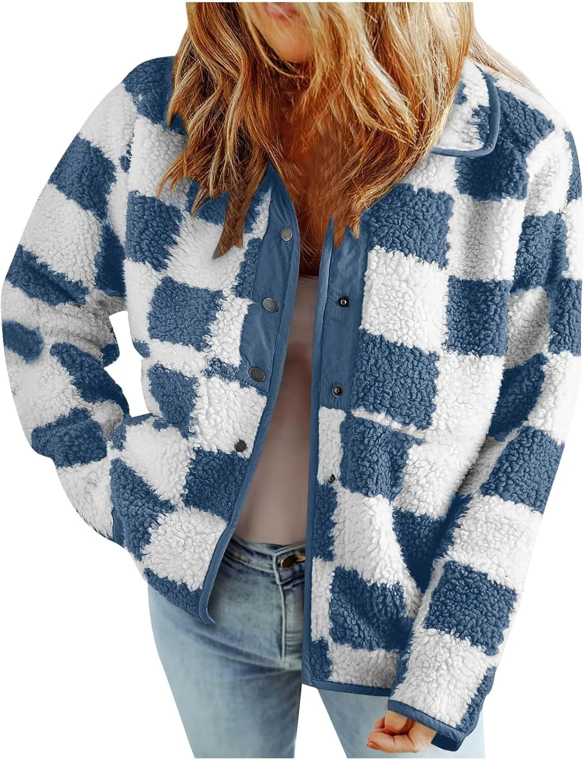 Womens Buffalo Plaid Checkered Fuzzy Fleece Jackets Plaid Sherpa Shacket Button Down Cardigans Fall Fashion Outerwear