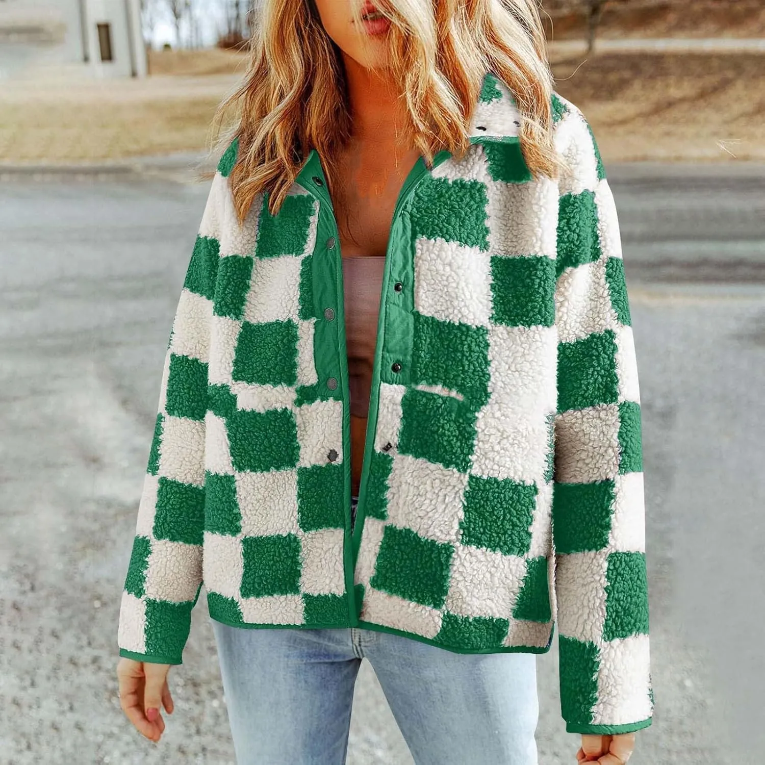 Womens Buffalo Plaid Checkered Fuzzy Fleece Jackets Plaid Sherpa Shacket Button Down Cardigans Fall Fashion Outerwear