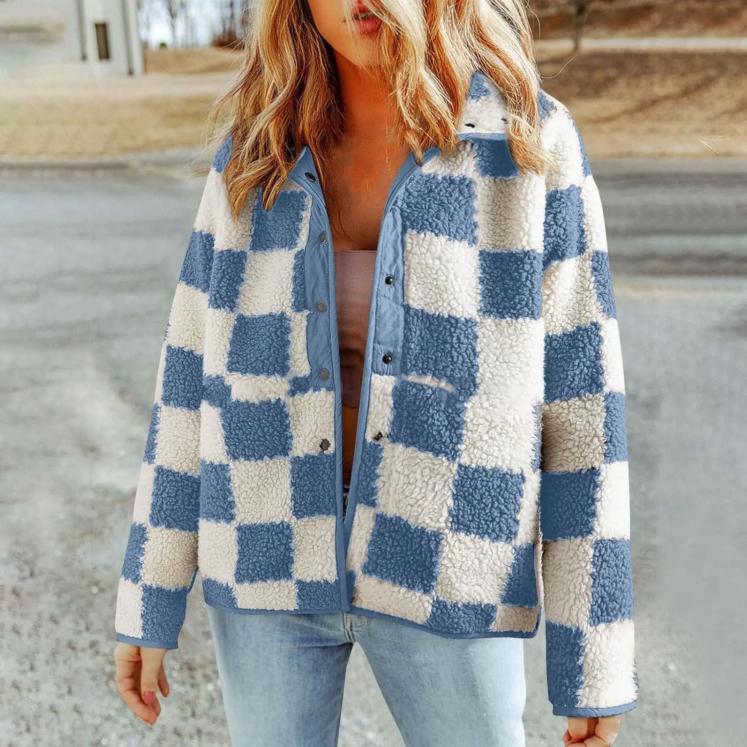 Womens Buffalo Plaid Checkered Fuzzy Fleece Jackets Plaid Sherpa Shacket Button Down Cardigans Fall Fashion Outerwear