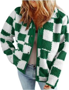 Womens Buffalo Plaid Checkered Fuzzy Fleece Jackets Plaid Sherpa Shacket Button Down Cardigans Fall Fashion Outerwear