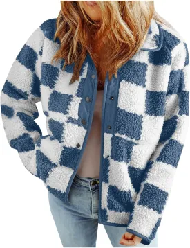 Womens Buffalo Plaid Checkered Fuzzy Fleece Jackets Plaid Sherpa Shacket Button Down Cardigans Fall Fashion Outerwear