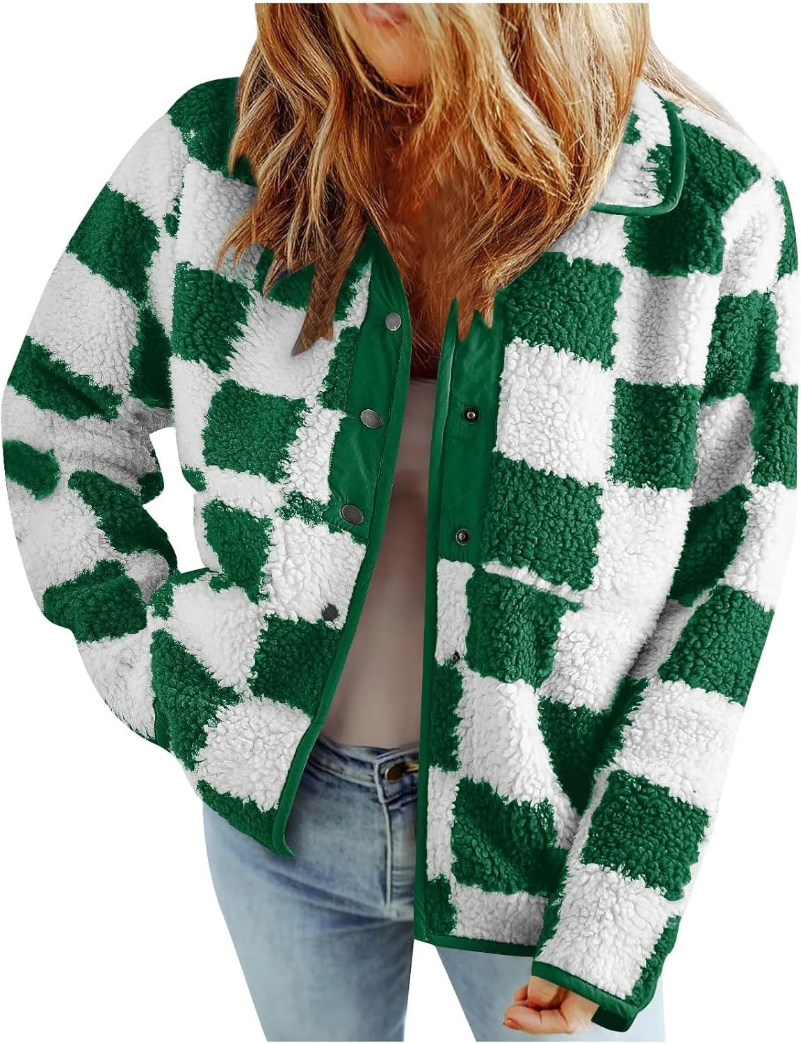 Womens Buffalo Plaid Checkered Fuzzy Fleece Jackets Plaid Sherpa Shacket Button Down Cardigans Fall Fashion Outerwear
