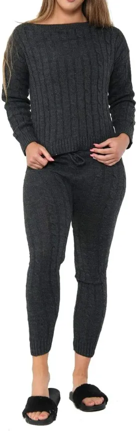 Womens Cable Knitted 2 Pieces Baggy Co Ord Set Ladies Lounge Wear Suit Casual Tracksuit