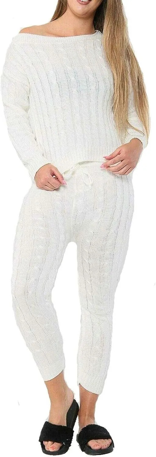 Womens Cable Knitted 2 Pieces Baggy Co Ord Set Ladies Lounge Wear Suit Casual Tracksuit