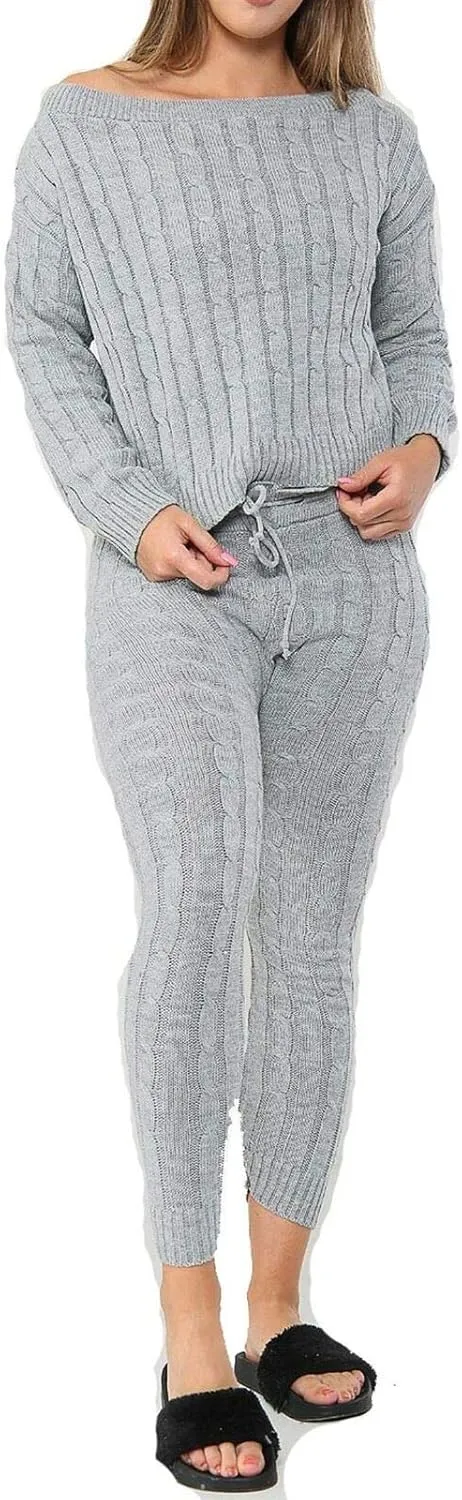 Womens Cable Knitted 2 Pieces Baggy Co Ord Set Ladies Lounge Wear Suit Casual Tracksuit