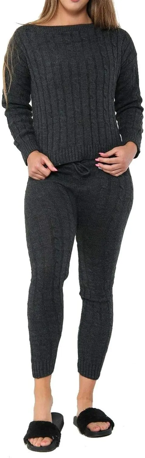 Womens Cable Knitted 2 Pieces Baggy Co Ord Set Ladies Lounge Wear Suit Casual Tracksuit