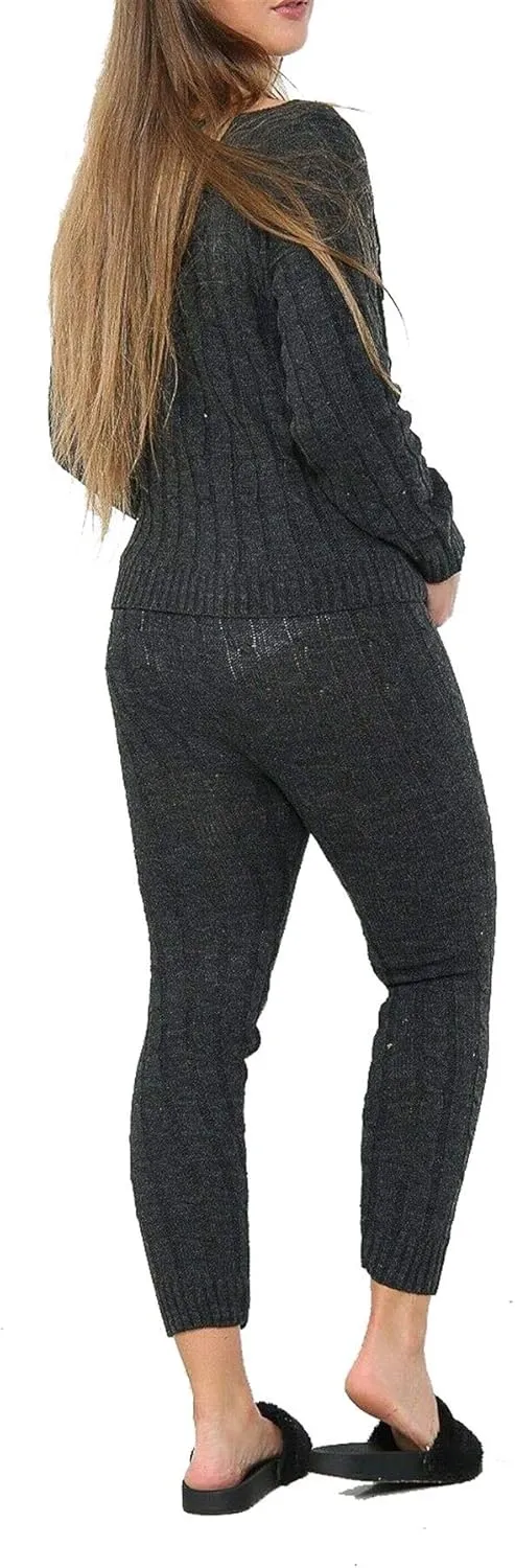 Womens Cable Knitted 2 Pieces Baggy Co Ord Set Ladies Lounge Wear Suit Casual Tracksuit