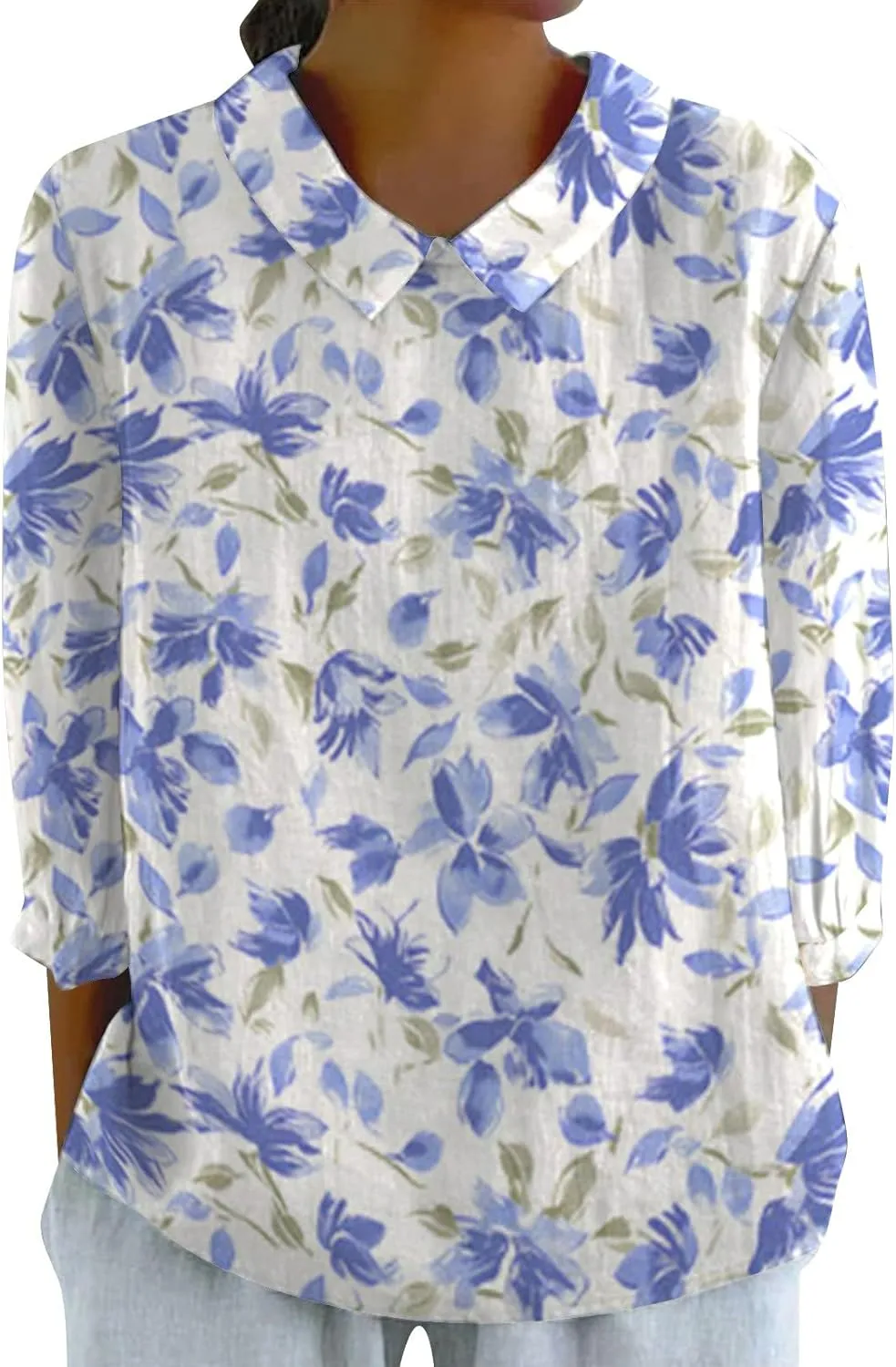 Womens Linen Shirts Lapel Retro Striped Back Loose Top Casual Cotton and Linen Shirt 3/4 Sleeve Shirt Office Drop