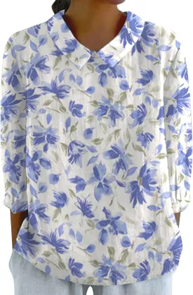 Womens Linen Shirts Lapel Retro Striped Back Loose Top Casual Cotton and Linen Shirt 3/4 Sleeve Shirt Office Drop
