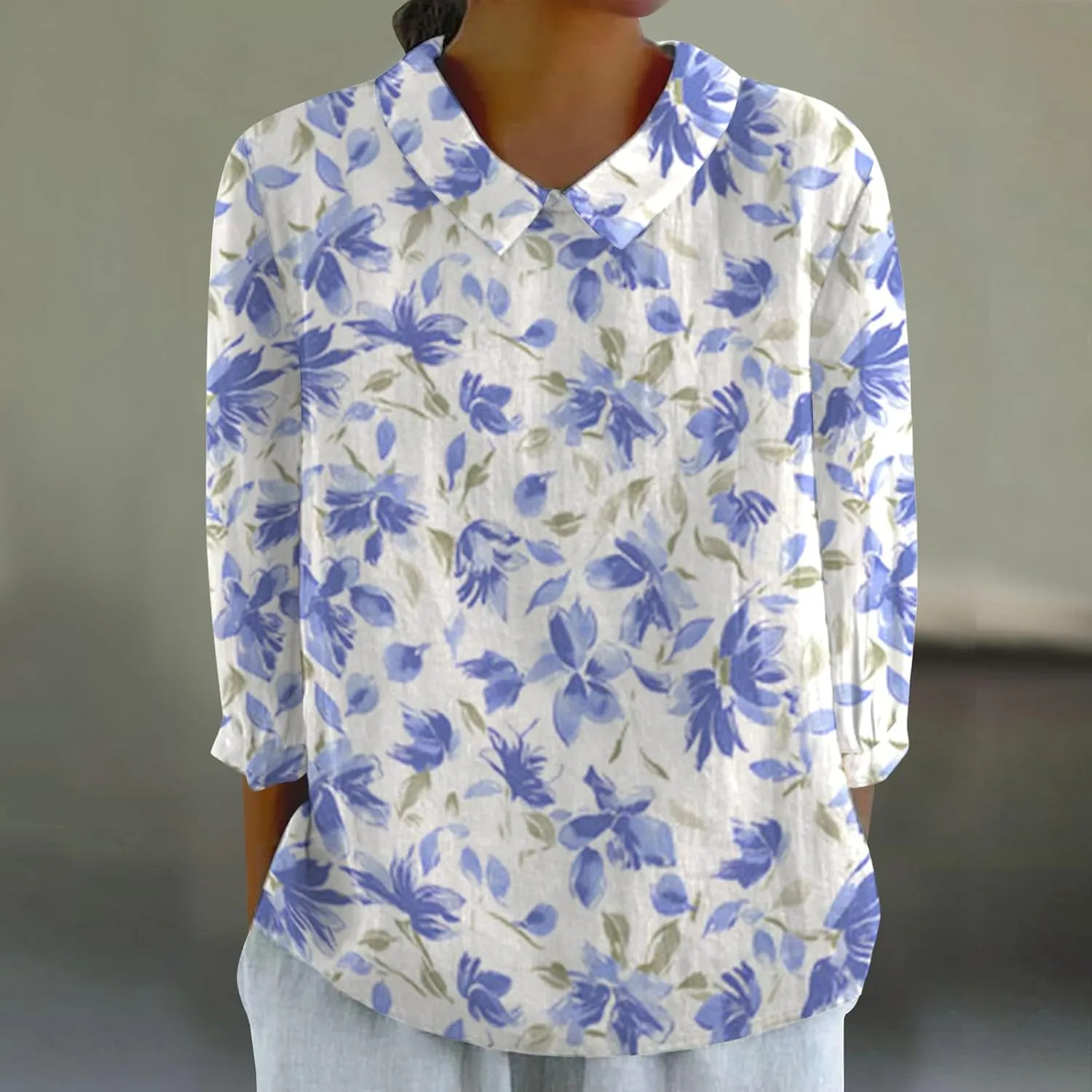 Womens Linen Shirts Lapel Retro Striped Back Loose Top Casual Cotton and Linen Shirt 3/4 Sleeve Shirt Office Drop