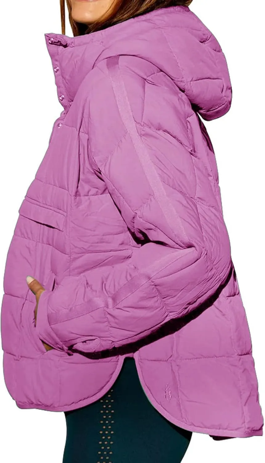 Women's Quilted Pullover Puffer Jacket Lightweight Button Long Sleeve Coat Oversized Packable Hooded Jacket Top