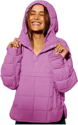 Women's Quilted Pullover Puffer Jacket Lightweight Button Long Sleeve Coat Oversized Packable Hooded Jacket Top