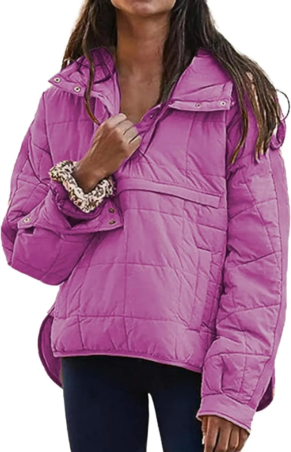 Women's Quilted Pullover Puffer Jacket Lightweight Button Long Sleeve Coat Oversized Packable Hooded Jacket Top