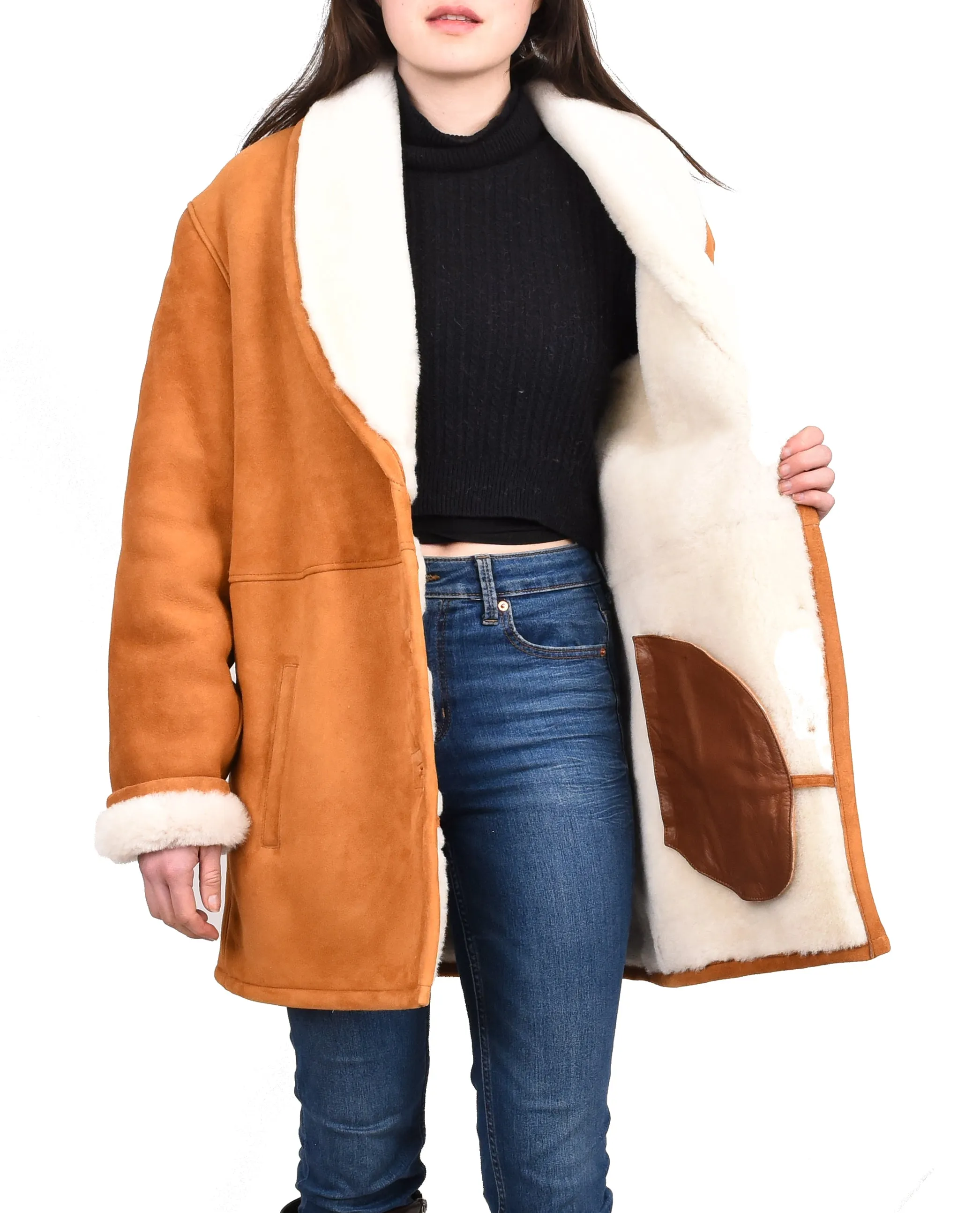 Women's Soft Sheepskin Mid Length Coat With Fur Collar Cognac Vera
