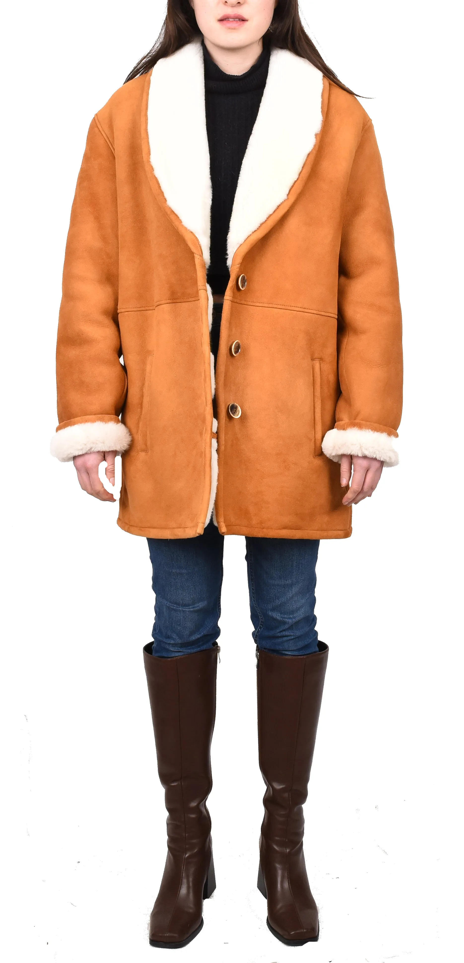 Women's Soft Sheepskin Mid Length Coat With Fur Collar Cognac Vera