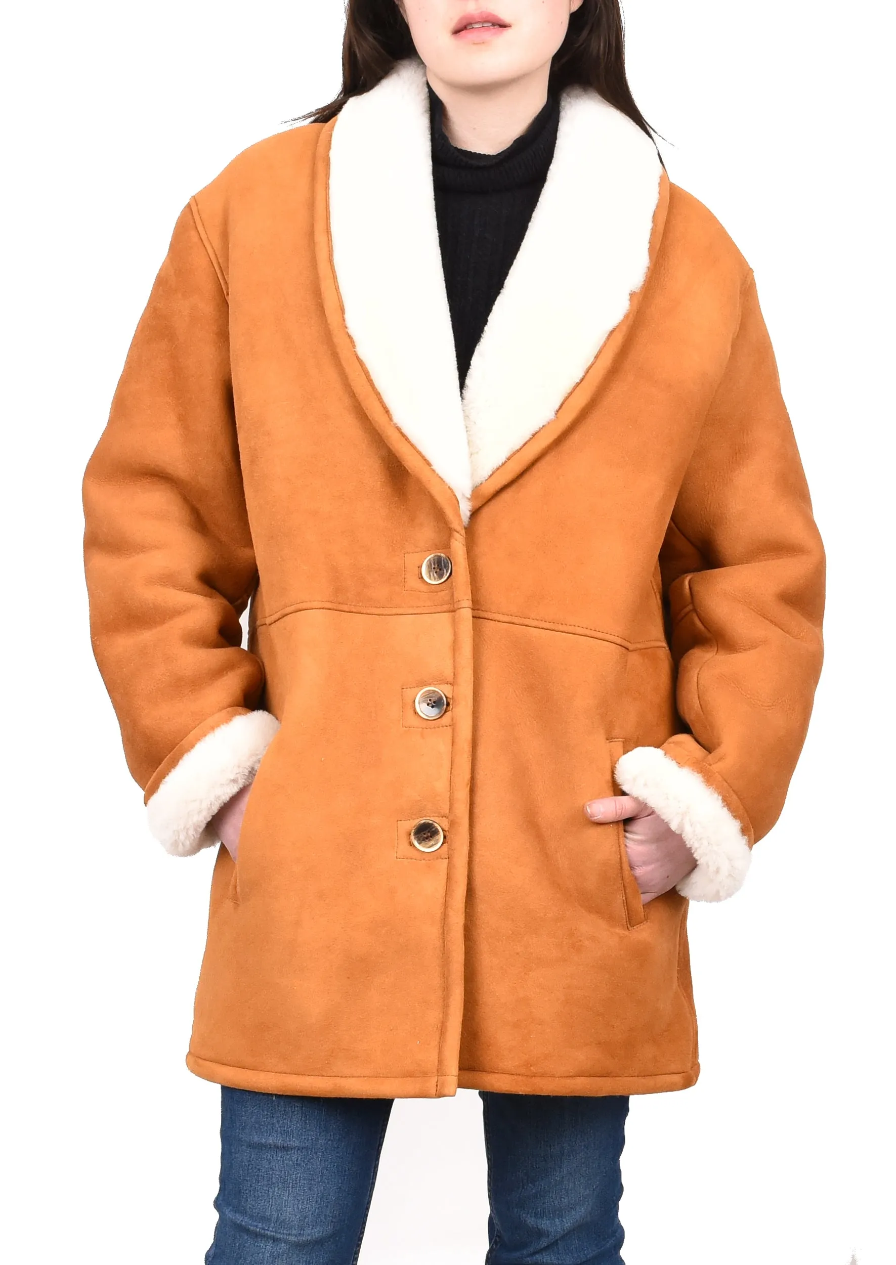 Women's Soft Sheepskin Mid Length Coat With Fur Collar Cognac Vera