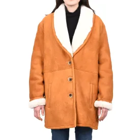 Women's Soft Sheepskin Mid Length Coat With Fur Collar Cognac Vera