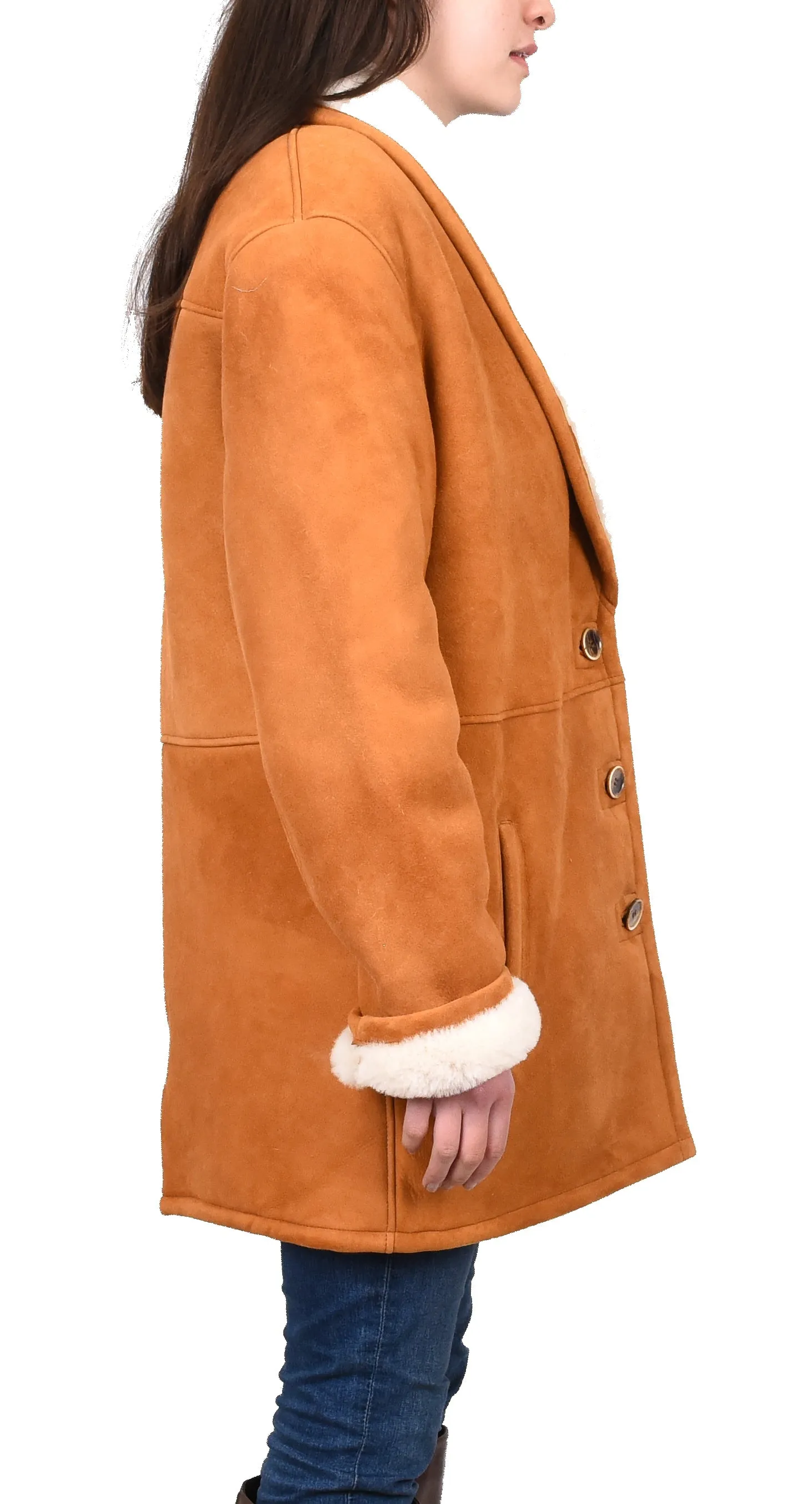 Women's Soft Sheepskin Mid Length Coat With Fur Collar Cognac Vera