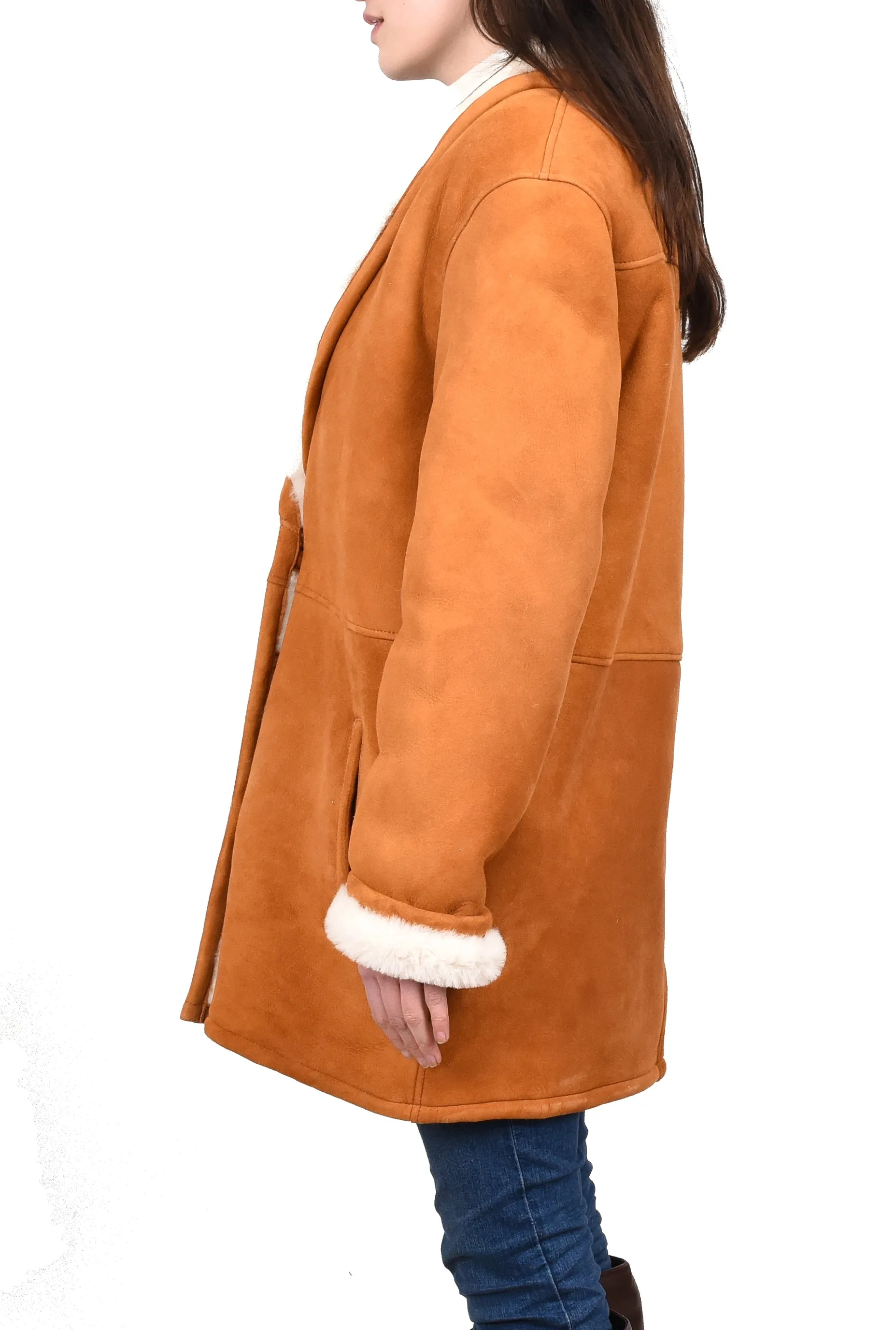 Women's Soft Sheepskin Mid Length Coat With Fur Collar Cognac Vera
