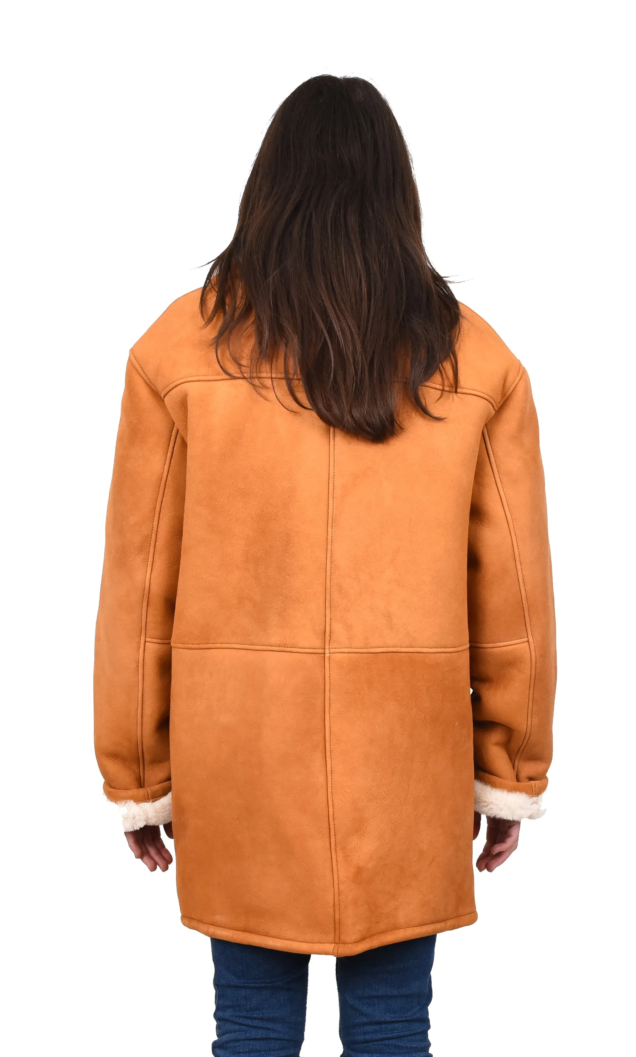Women's Soft Sheepskin Mid Length Coat With Fur Collar Cognac Vera