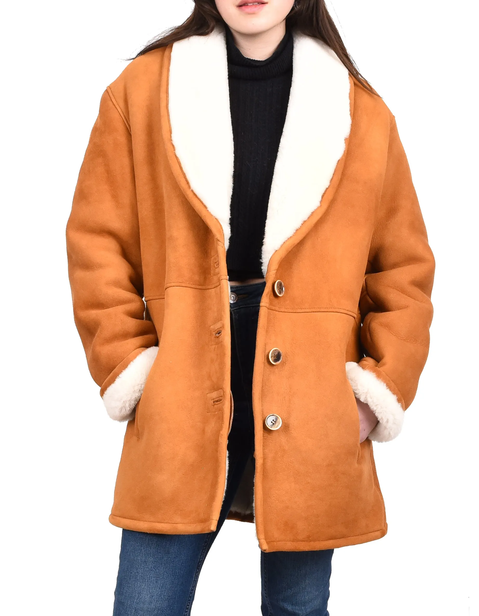 Women's Soft Sheepskin Mid Length Coat With Fur Collar Cognac Vera