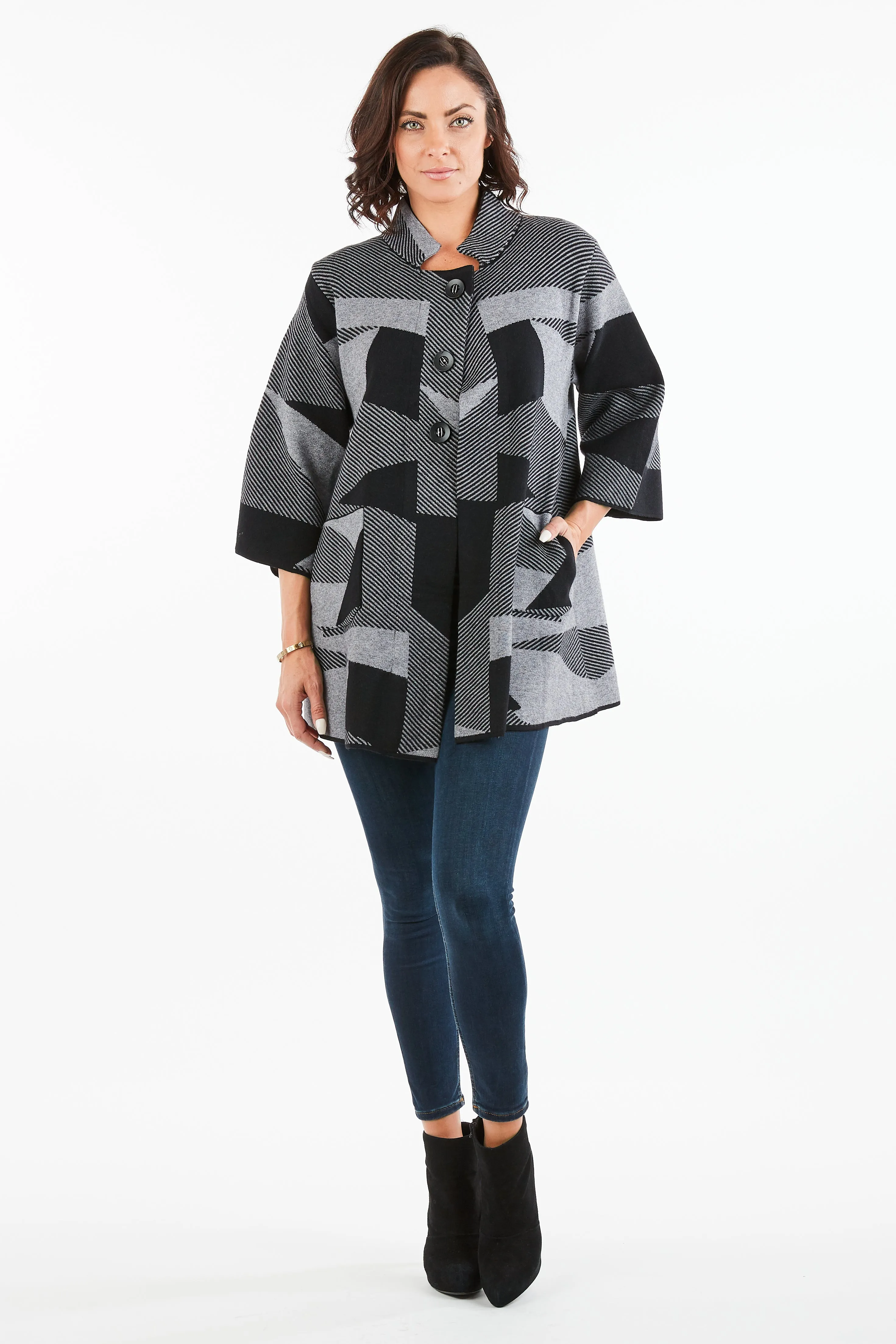 Women's Thick Knit Geometric Print One-Button Closure Cardigan Coat