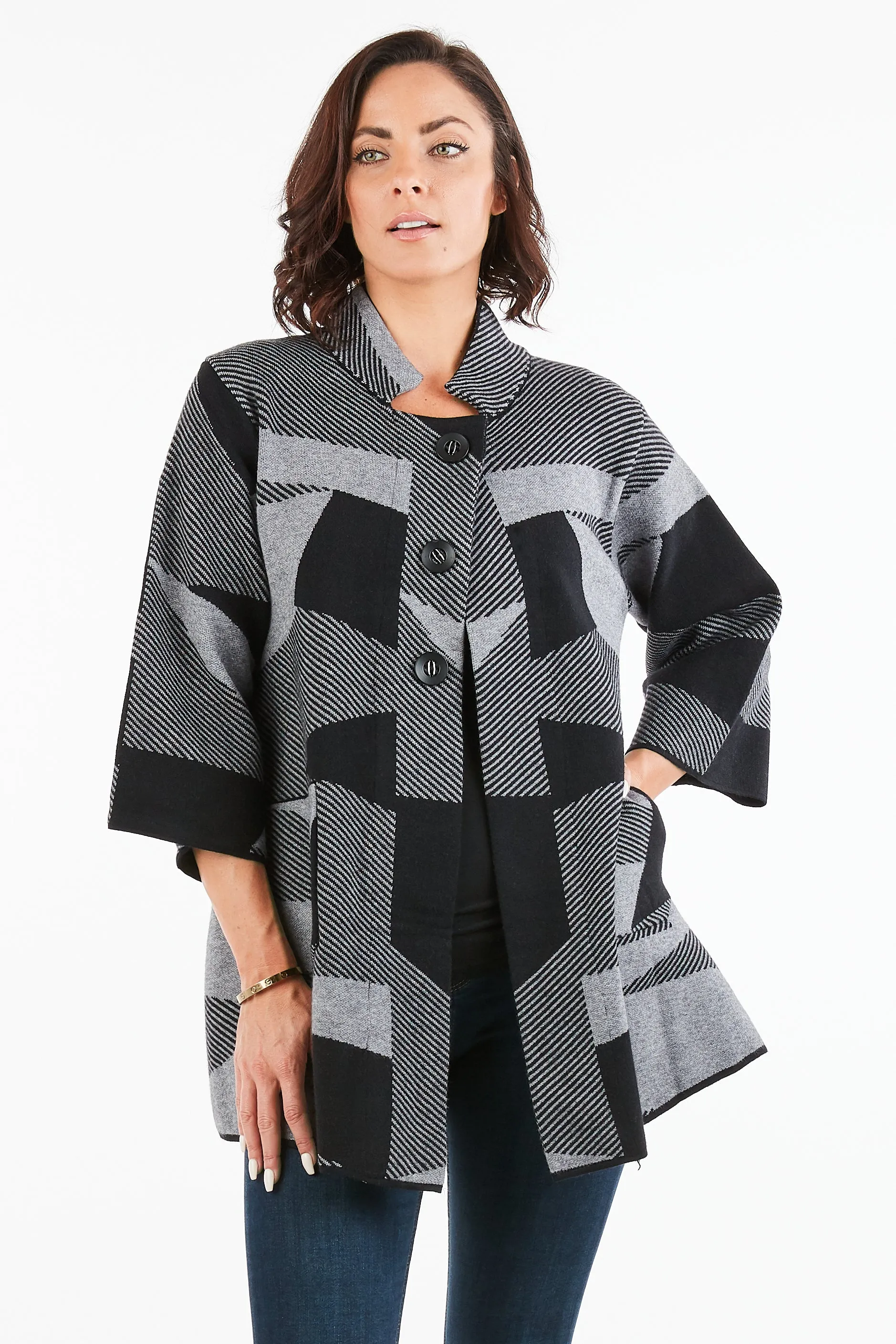 Women's Thick Knit Geometric Print One-Button Closure Cardigan Coat
