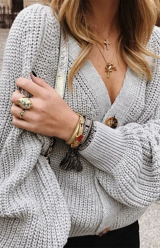 Wool Balloon Sleeve Cardigan - Oversized Sweater