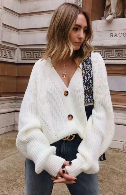 Wool Balloon Sleeve Cardigan - Oversized Sweater