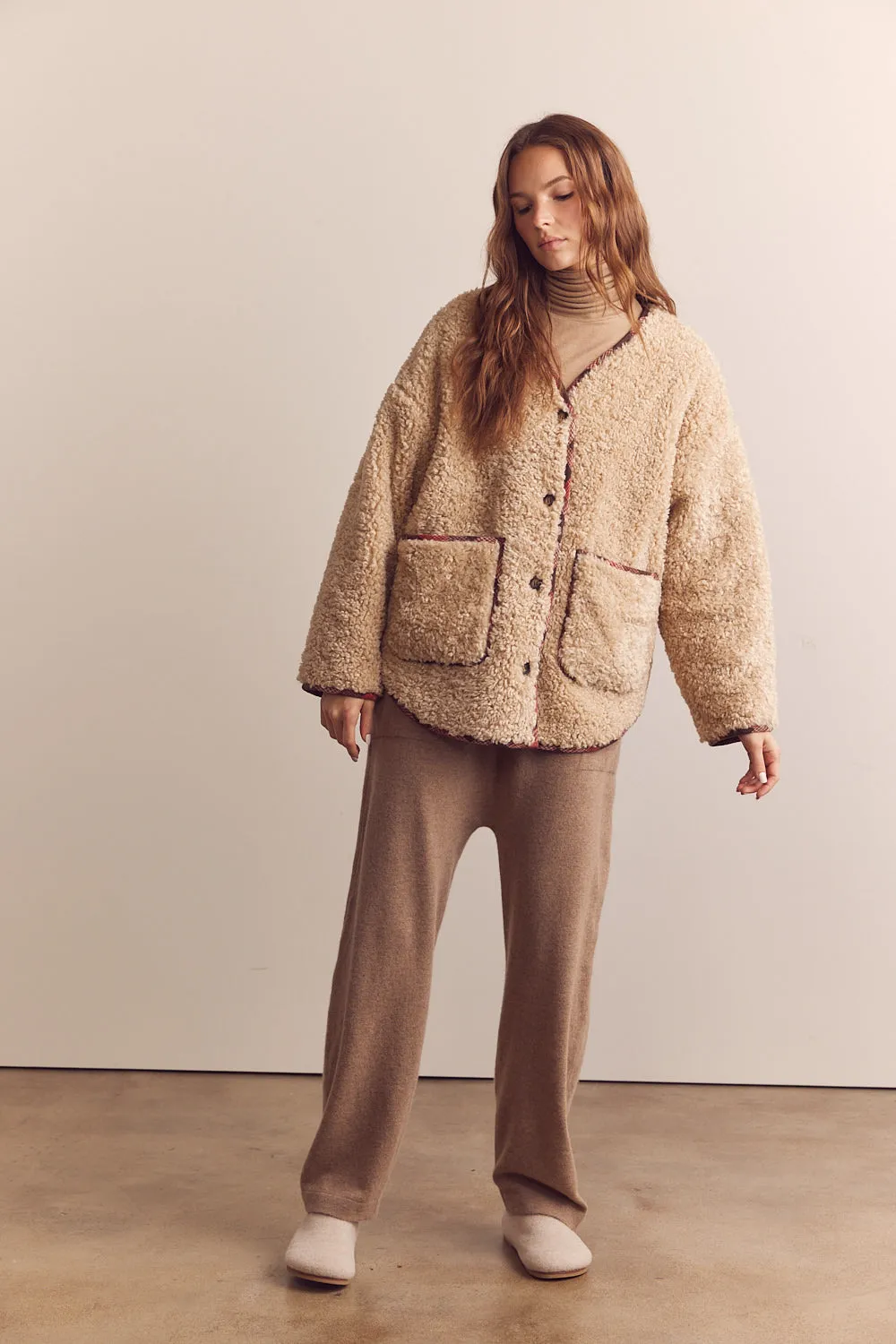 Wool blend shepherd reversible cardigan