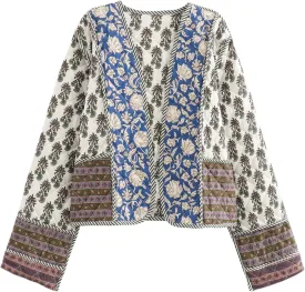 Wyeysyt Women's Cropped Puffer Quilted Jacket Cardigan Floral Printed Lightweight Long Sleeve Open Front Short Padded Coats