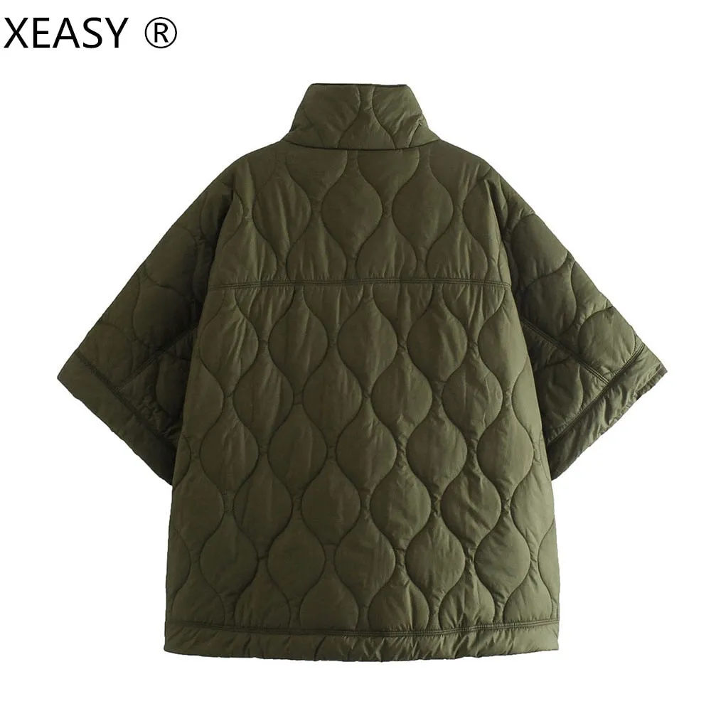 XEASY Women Jacket Capes And Poncho Autumn Woman Clothes Solid Quilted Coats Zippers Cardigan For Women Casual Oversized Jacket