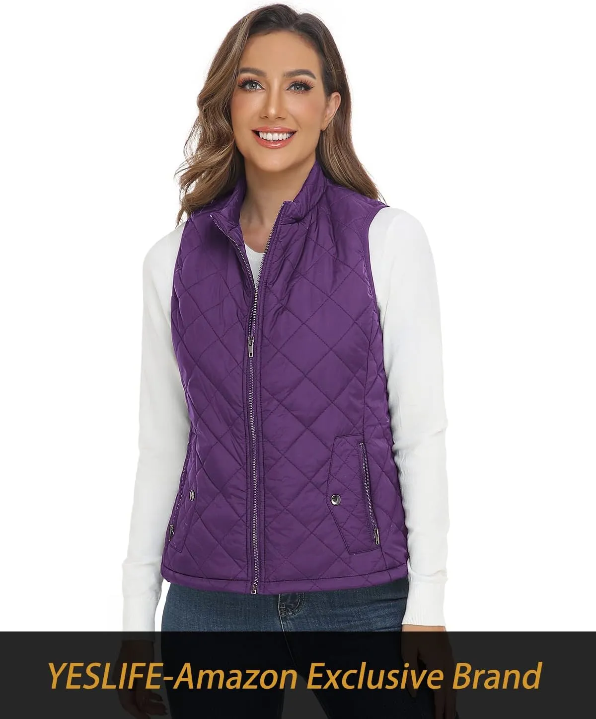 YESLIFE 2024 Women's Outwear Quilted Vest With One Inside Pocket - Stand Collar Lightweight Padded Gilet for Women