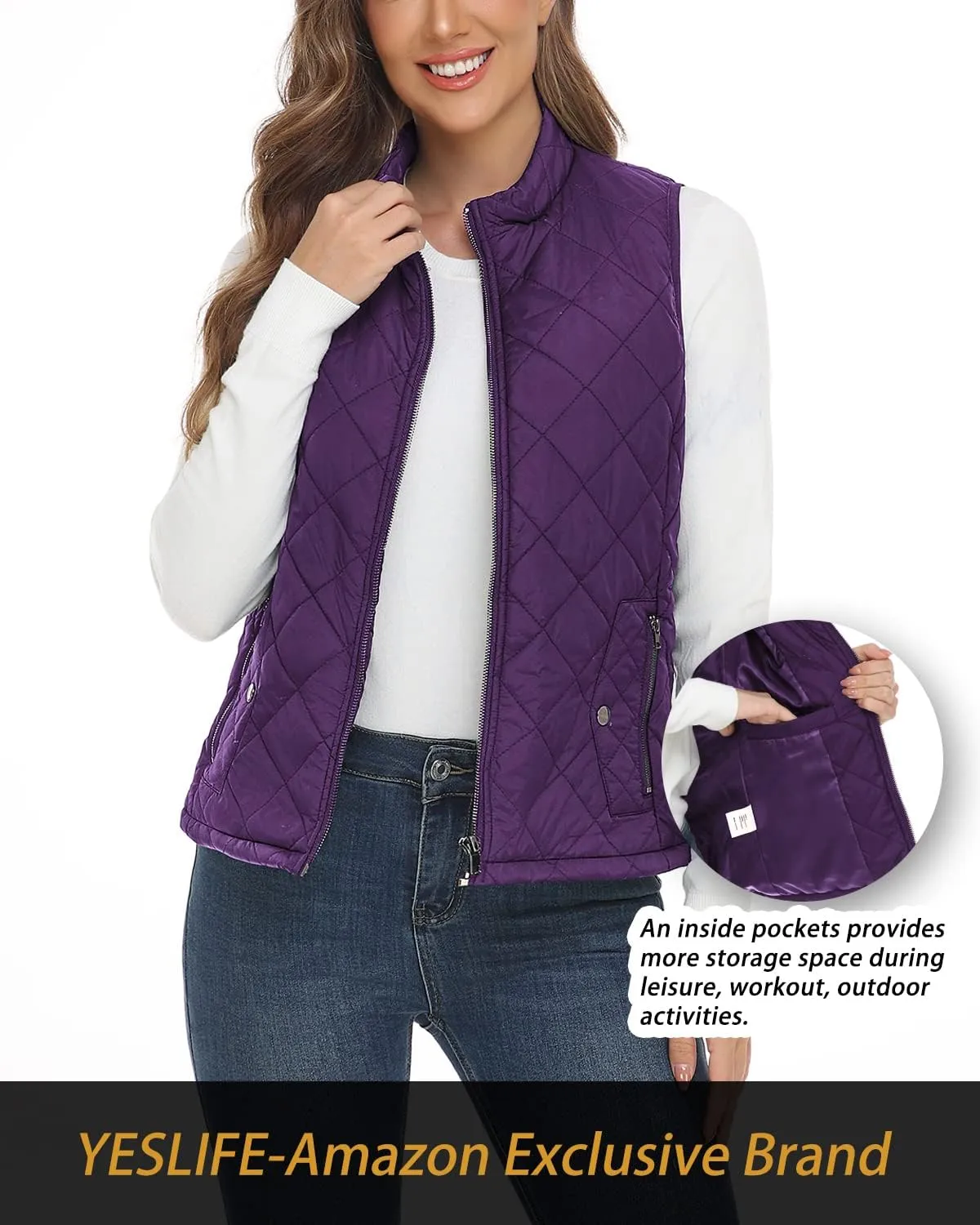YESLIFE 2024 Women's Outwear Quilted Vest With One Inside Pocket - Stand Collar Lightweight Padded Gilet for Women