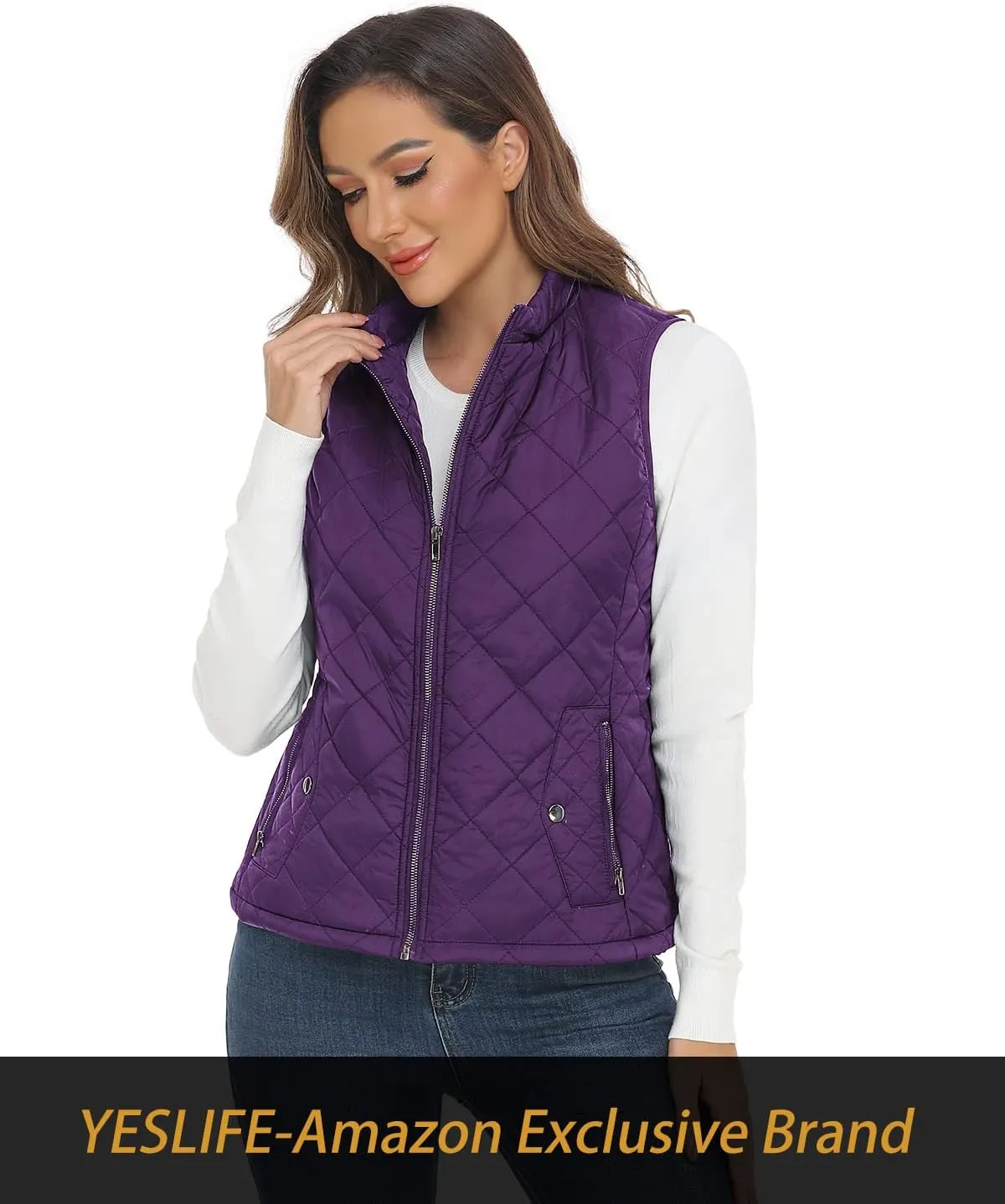 YESLIFE 2024 Women's Outwear Quilted Vest With One Inside Pocket - Stand Collar Lightweight Padded Gilet for Women