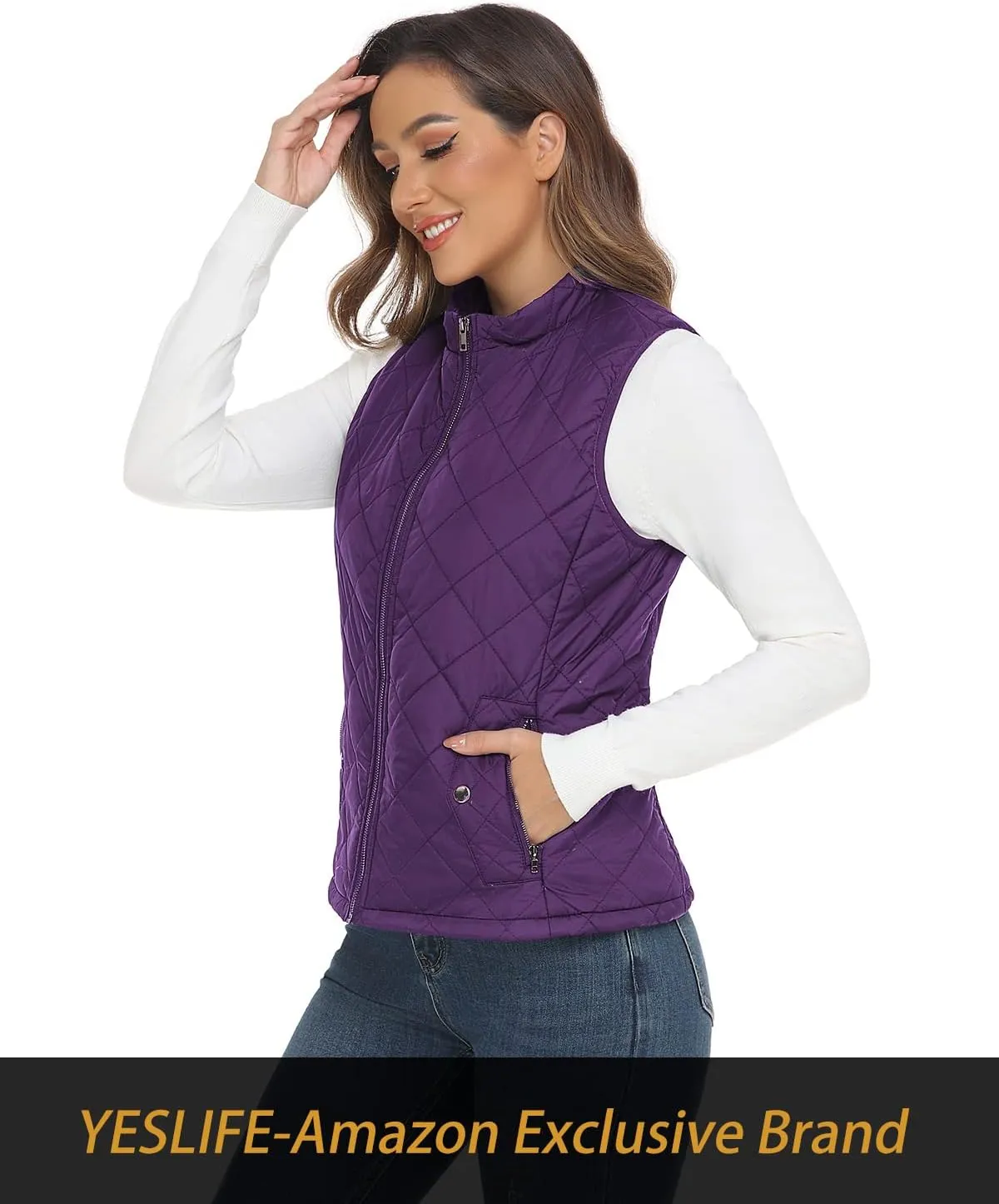 YESLIFE 2024 Women's Outwear Quilted Vest With One Inside Pocket - Stand Collar Lightweight Padded Gilet for Women