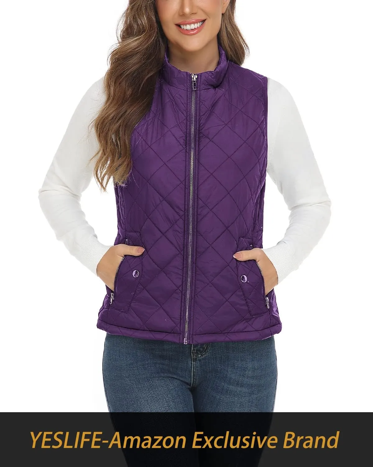 YESLIFE 2024 Women's Outwear Quilted Vest With One Inside Pocket - Stand Collar Lightweight Padded Gilet for Women