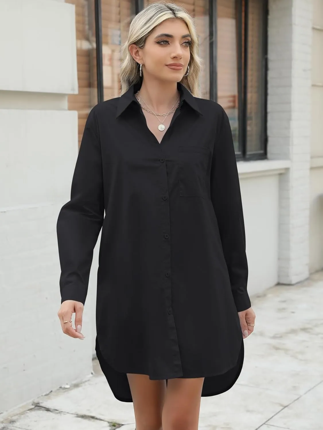 YKR Women's Button Down Shirt Dresses Cotton High Low Tunic Dress Long Sleeve Boyfriend Blouse Shirts with Pockets