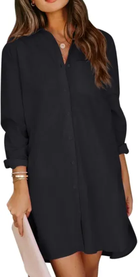YKR Women's Button Down Shirt Dresses Cotton High Low Tunic Dress Long Sleeve Boyfriend Blouse Shirts with Pockets