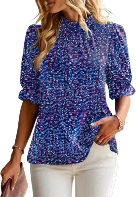 ZILIN Women's Summer Boho Floral Shirt Top Ruffle Mock Neck Puff Short Sleeve 2024 Casual Blouses